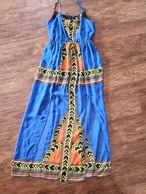 Fire Los Angeles Blue Maxi Dress with Orange and Yellow Tribal Accents